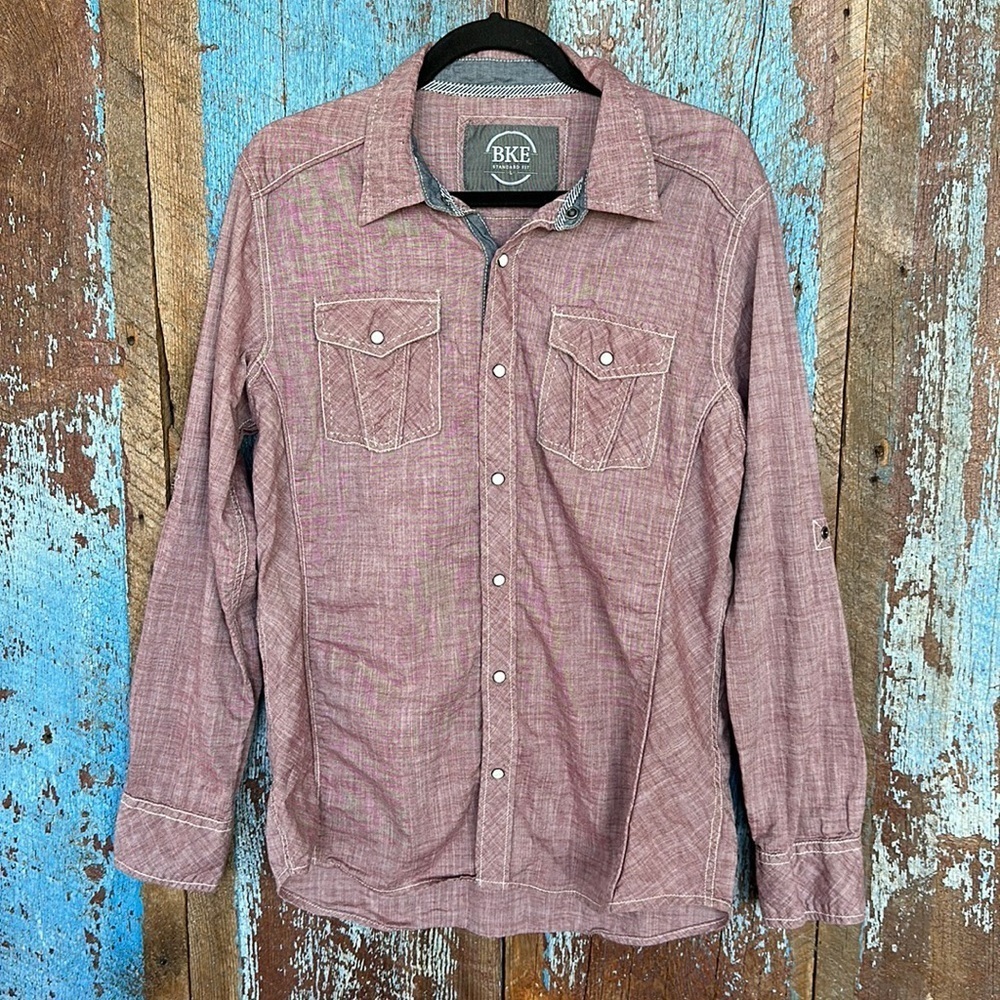 BKE Burgundy Standard Fit Button Down Long Sleeve Shirt Size L